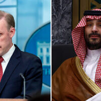 File: White House National Security Adviser Jake Sullivan (left) speaks at a press briefing at the White House in Washington, March 18, 2024. (AP Photo/Andrew Harnik) Saudi Crown Prince and Prime Minister Mohammed bin Salman (right) in Jeddah, Saudi Arabia, March 20, 2024. (Evelyn Hockstein/Pool Photo via AP) (