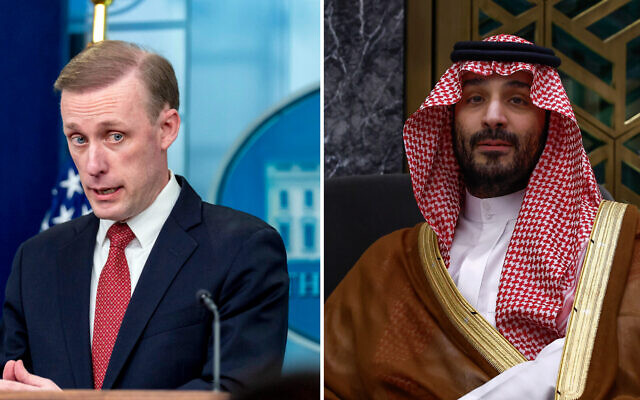 File: White House National Security Adviser Jake Sullivan (left) speaks at a press briefing at the White House in Washington, March 18, 2024. (AP Photo/Andrew Harnik) Saudi Crown Prince and Prime Minister Mohammed bin Salman (right) in Jeddah, Saudi Arabia, March 20, 2024. (Evelyn Hockstein/Pool Photo via AP) (