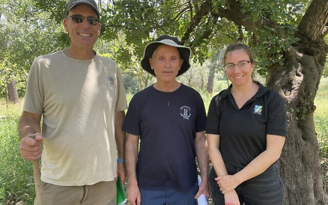 From left: Gilad Ostrovsky, chief forester and forestry department director at KKL-JNF, Chanan Zoref, recently retired director of the Judean Mountains District, and Shani Rohatyn-Blitz, the forestry department's coordinator of research and international relations, April 16, 2024. (Sue Surkes/Times of Israel)