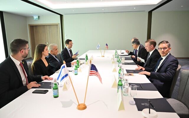 Opposition leader Yair Lapid meets US National Security Adviser Jake Sullivan in Tel Aviv on May 20, 2024 (Elad Guttman)