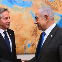 US Secretary of State Antony Blinken (left) meets with Prime Minister Benjamin Netanyahu in Jerusalem, May 1, 2024. (Haim Zach/GPO)