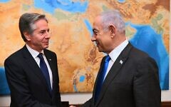 US Secretary of State Antony Blinken (left) meets with Prime Minister Benjamin Netanyahu in Jerusalem, May 1, 2024. (Haim Zach/GPO)