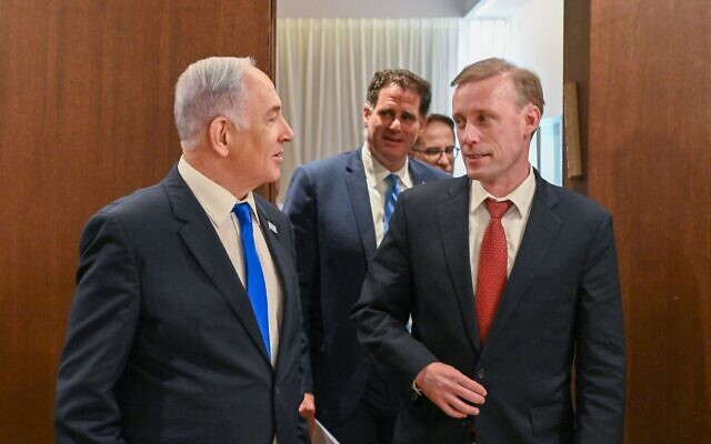 Prime Minister Benjamin Netanyahu (L) meets with US National Security Adviser Jake Sullivan (R) in Jerusalem, May 19, 2024. (Kobi Gideon/GPO)