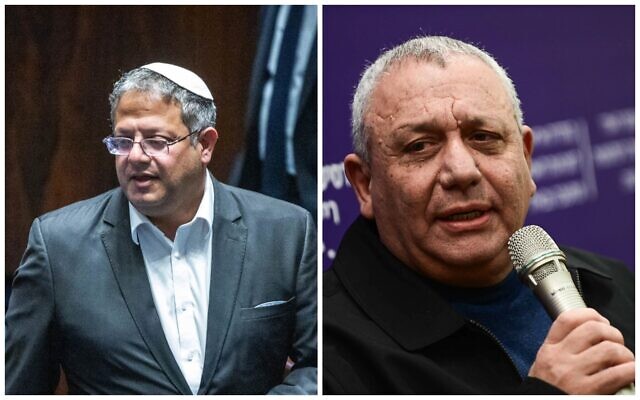 National Security Minister Itamar Ben Gvir (L) and National Unity MK Gadi Eisenkot. (Chaim Goldberg, Tomer Neuberg/Flash90)