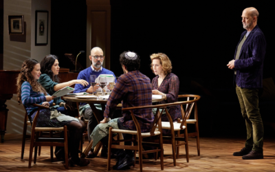 The Benhamou family of Paris conducts a Passover Seder in a scene from Broadway's "Prayer for the French Republic," which was nominated for three 2024 Tony Awards. (Jeremy Daniel via JTA)
