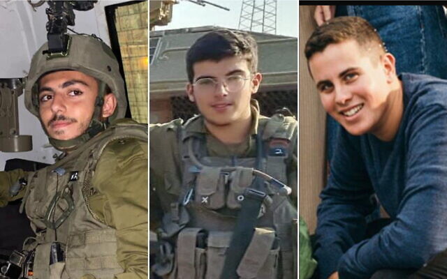 L-R: Staff Sgt. Ruben Marc Mordechai Assouline, Staff Sgt. Ido Testa, and Staff Sgt. Tal Shavit, killed in a Hamas rocket attack near Kerem Shalom, May 5, 2024. (Courtesy)