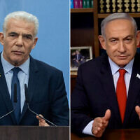 Opposition Leader Yair Lapid (left) leads a meeting of his Yesh Atid party at the Knesset in Jerusalem, on May 20, 2024. (Yonatan Sindel/Flash90); Prime Minister Benjamin Netanyahu delivers a statement on May 22, 2024. (Screen capture)