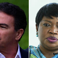 Ex-Mossad chief Yossi Cohen (left) at the Kirya base in Tel Aviv, January 16, 2023 (Tomer Neuberg/Flash90); Then-International Criminal Court Prosecutor Fatou Bensouda speaks during an interview with The Associated Press in The Hague, Netherlands, June 14, 2021. (Peter Dejong/AP Photo)