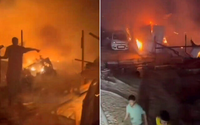 Footage from a fire that broke out in a camp for displaced Palestinians in southern Gaza's Rafah, following an Israeli strike on what the IDF said was a compound used by Hamas in the area, May 26, 2024.  (Social media/X. Used in accordance with Clause 27a of the Copyright Law)
