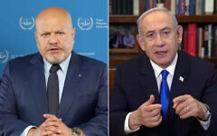 Karim Khan, the chief prosecutor of the International Criminal Court (left), announces he is seeking arrest warrants from the court’s judges for Prime Minister Benjamin Netanyahu and Defense Minister Yoav Gallant, along with Hamas leaders Yahya Sinwar, Mohammed Deif and Ismail Haniyeh (ICC); Prime Minister Benjamin Netanyahu delivers a video address (Screenshot/GPO), May 20, 2024.