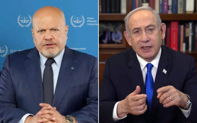 Karim Khan, the chief prosecutor of the International Criminal Court (left), announces he is seeking arrest warrants from the court’s judges for Prime Minister Benjamin Netanyahu and Defense Minister Yoav Gallant, along with Hamas leaders Yahya Sinwar, Mohammed Deif and Ismail Haniyeh (ICC); Prime Minister Benjamin Netanyahu delivers a video address, May 20, 2024. (Screenshot/GPO)
