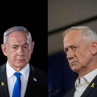 This combination photograph created on May 30, 2024 shows (L) Prime Minister Benjamin Netanyahu on May 12, 2024, and (R) Minister Benny Gantz on May 18, 2024. (Yonatan Sindel and Miriam Alster/Flash90)
