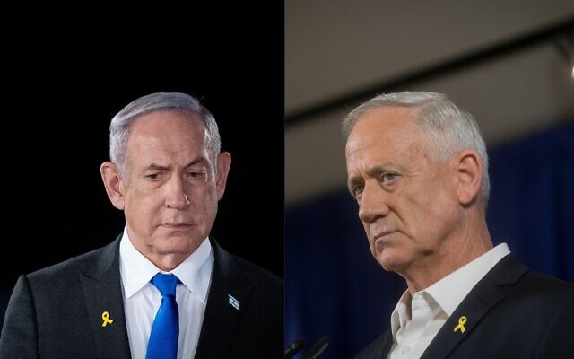 This combination photograph created on May 30, 2024 shows (L) Prime Minister Benjamin Netanyahu on May 12, 2024, and (R) Minister Benny Gantz on May 18, 2024. (Yonatan Sindel and Miriam Alster/Flash90)