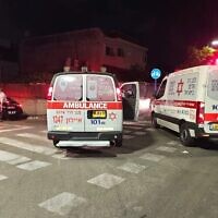 Ambulances at the scene of a shooting in Lod on May 5, 2024. (Magen David Adom)
