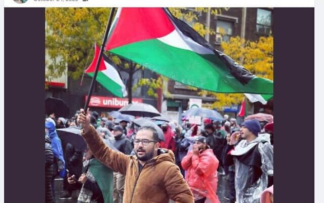 A screenshot from a post on the personal Facebook page of Haythem Abid on October 24, 2023, who describes himself as a head of office for the International Committee of the Red Cross. The picture of Abid shows him attending a pro-Palestinian rally in Montreal, Canada, on October 22, 2023. (Courtesy UN Watch)