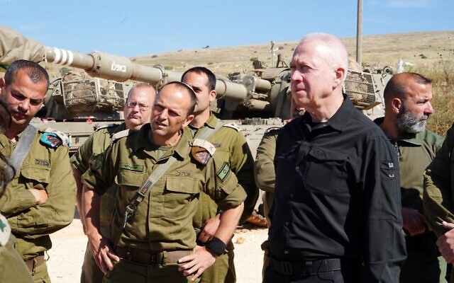 Defense Minister Yoav Gallant speaks to troops in northern Israel, May 8, 2024. (Ariel Hermoni/Defense Ministry)