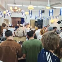 A muted Independence Day celebration at Zichron Baruch synagogue in Tel Aviv went on, leaders said, because of a religious obligation to mark the holiday, May 13, 2024. (Deborah Danan/JTA)