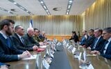 Defense Minister Yoav Gallant (third from left) and senior defense officials meet in Tel Aviv with US National Security Adviser Jake Sullivan (second from right), May 20, 2024 (Ariel Hermoni/Defense Ministry)