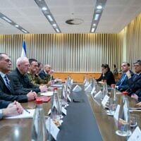 Defense Minister Yoav Gallant (third from left) and senior defense officials meet in Tel Aviv with US National Security Adviser Jake Sullivan (second from right), May 20, 2024 (Ariel Hermoni/Defense Ministry)