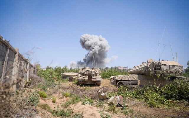 Troops of the 460th Armored Brigade operate on the outskirts of northern Gaza's Jabaliya, in a handout image published May 18, 2024. (Israel Defense Forces)