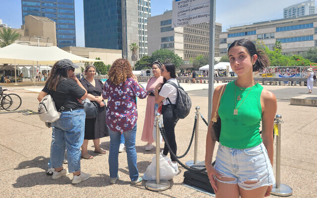 Alexandra Ahdoot visits Hostages Square in Tel Aviv on May 22, 2024. (Canaan Lidor/Times of Israel)