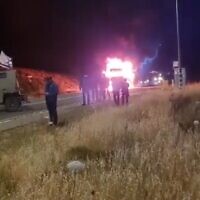 A truck is seen on fire after being torched by far-right rioters in the central West Bank, March 17, 2024 (Video screenshot; used in accordance with Clause 27a of the Copyright Law)
