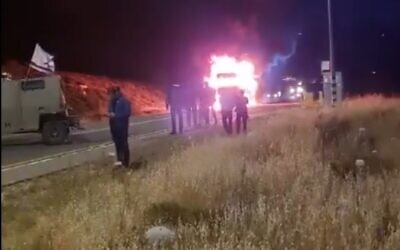 A truck is seen on fire after being torched by far-right rioters in the central West Bank, March 17, 2024 (Video screenshot; used in accordance with Clause 27a of the Copyright Law)