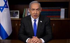 Prime Minister Benjamin Netanyahu gives a video statement, May 5, 2024. (Screen grab via Government Press Office)
