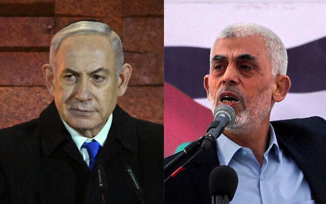 Prime Minister Benjamin Netanyahu (Left) at the Holocaust Remembrance Day ceremony at Yad Vashem in Jerusalem, May 5, 2024. (Kobi Gideon/ GPO) and Hamas leader in the Gaza Strip Yahya Sinwar speaks during a rally marking Al-Quds (Jerusalem) Day, in Gaza City, April 14, 2023. (Mohammed Abed / AFP)