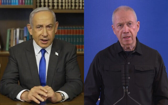 Prime Minister Benjamin Netanyahu (left) delivers a recorded statement on the war with Hamas in Gaza (Screenshot/GPO); Defense Minister Yoav Gallant delivers a statement to the press, May 15, 2024. (Screenshot)