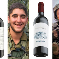 Composite image showing Segev Schwartz, left, and Eitan Neeman, right, both soldiers who were killed on or around October 7, next to their respective memorial wines. (courtesy)