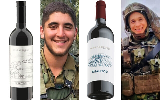 Composite image showing Segev Schwartz, left, and Eitan Neeman, right, both soldiers who were killed on or around October 7, next to their respective memorial wines. (courtesy)