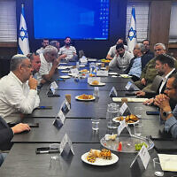 Finance Minister Bezalel Smotrich convenes the mayors of major West Bank settlements in the Finance Ministry to discuss opposition to a Palestinian state and efforts to increase settlement construction, May 8, 2024. (Courtesy Office of Finance Minister Bezalel Smotrich)
