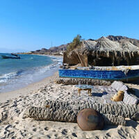A tourist camp on the beach near the Sinai town of Nuweiba, Egypt, May 7, 2024 (Gianluca Pacchiani/Times of Israel)