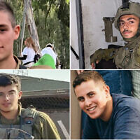 Top L-R: Sgt. Michael Ruzal and Staff Sgt. Ruben Marc Mordechai Assouline; bottom L-R: Staff Sgt. Ido Testa and Staff Sgt. Tal Shavit, killed in a Hamas rocket attack near Kerem Shalom, May 5, 2024. (Courtesy)