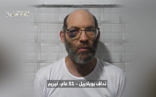 Hostage Nadav Popplewell in a Hamas propaganda video aired on May 11, 2024. (Hamas media office)