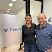Michal Tsur, co-founder of Remepy (left) and the biotech startup's board member former prime minister Naftali Bennett. (Courtesy)