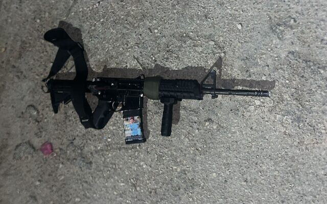 A handout photo from the IDF shows an assault rifle that terror suspects allegedly were set to use to fire on Israeli towns across the security barrier from the West Bank city of Tulkarem, June 4, 2024. (Israel Defense Forces)