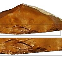 Close up of a Quina scraper found in the Jaljulia Cave prehistoric site in central Israel. (courtesy Tel Aviv University)