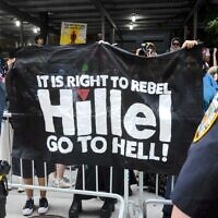 Anti-Israel protesters target Hillel at Baruch College in New York City, June 6, 2024. (Luke Tress via JTA)