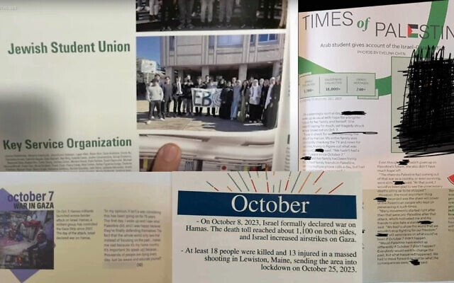 (Clockwise from top left) High school yearbooks in East Brunswick, New Jersey; Bellaire, Texas; St. Louis Park, Minnesota; and Glenview, Illinois went to press during the 2023-24 school year with material that Jews said was antisemitic or insensitive, ranging from the swapping out of a Jewish student group photo with a Muslim group, to descriptions of the Israel-Hamas war that avoided the October 7 Hamas atrocities. (Collage by JTA)