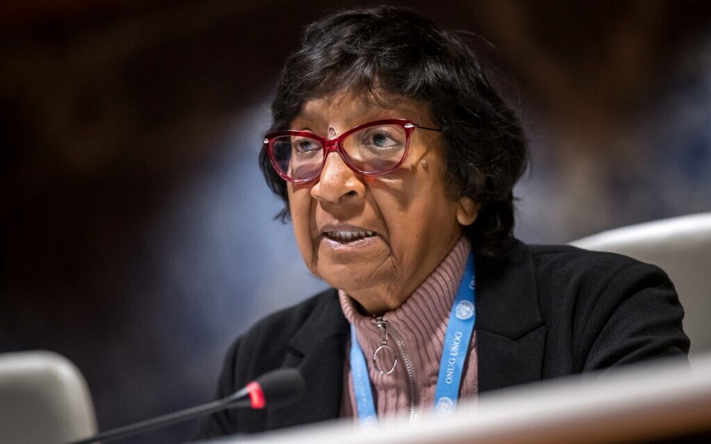 Chairwoman of the 'The United Nations Independent International Commission of Inquiry on the Occupied Palestinian Territory, including East Jerusalem, and in Israel,' South Africa's Navi Pillay speaks during a briefing to UN member states about ongoing investigations of the Commission at the UN offices in Geneva, on April 16, 2024. (Photo by Fabrice COFFRINI / AFP)
