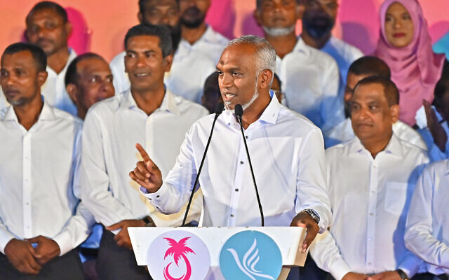 Maldives' President Mohamed Muizzu speaks at a rally to celebrate the victory in the parliamentary elections, in Male on April 22, 2024. (Mohamed Afrah/ AFP)
