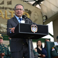Colombian President Gustavo Petro delivers a speech during a military ceremony at the Military School of Cadets General Jose Maria Cordova in Bogota on May 31, 2024. (Raul ARBOLEDA / AFP)