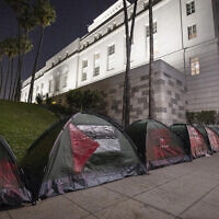 Tents are pictured at a pro-Palestinian encampment set up outside City Hall in downtown Los Angeles on June 3, 2024. (Etienne Laurent/AFP)