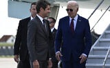 US President Joe Biden (R) is welcomed by France's Prime Minister Gabriel Attal (front L) upon arrival at Paris Orly airport near Paris, on June 5, 2024, as he travels to commemorate the 80th anniversary of D-Day. (Julien De Rosa/Pool/AFP)