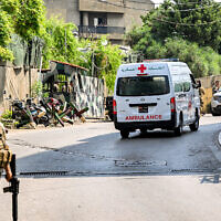 An ambulance is pictured as Lebanese army deploy near the US embassy in Beirut on June 5, 2024, after a Syrian man was arrested following a shooting near the embassy. (JOSEPH EID / AFP)