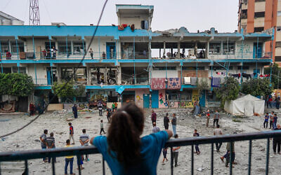 A UN school housing displacing Palestinians that was hit by an Israeli strike in Nuseirat, in the central Gaza Strip, on June 6, 2024. The IDF said it hit a compound where Hamas and Islamic Jihad terrorists were gathered. (Bashar Taleb/AFP)
