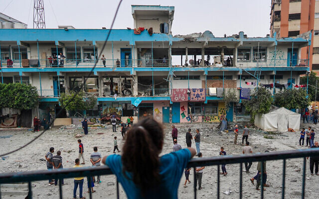 A UN school housing displacing Palestinians that was hit by an Israeli strike in Nuseirat, in the central Gaza Strip, on June 6, 2024. The IDF said it hit a compound where Hamas and Islamic Jihad terrorists were gathered, killing many of them. (Bashar Taleb/AFP)