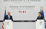 US President Joe Biden (L), flanked by French President Emmanuel Macron, give press statements following a bilateral meeting at the Elysee Palace in Paris on June 8, 2024. (Saul Loeb/AFP)